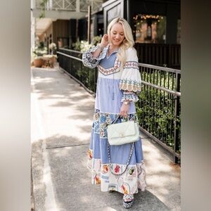 NWT FARM RIO Pineapple Beach Embroidered Maxi Dress Cotton Blue White Medium